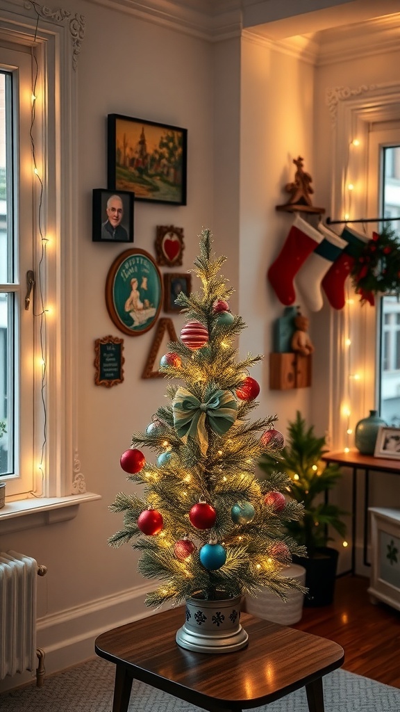 50+ Cozy and Creative Small Apartment Christmas Decor Ideas A small apartment beautifully decorated for Christmas with a tabletop tree, stockings, and festive lights.